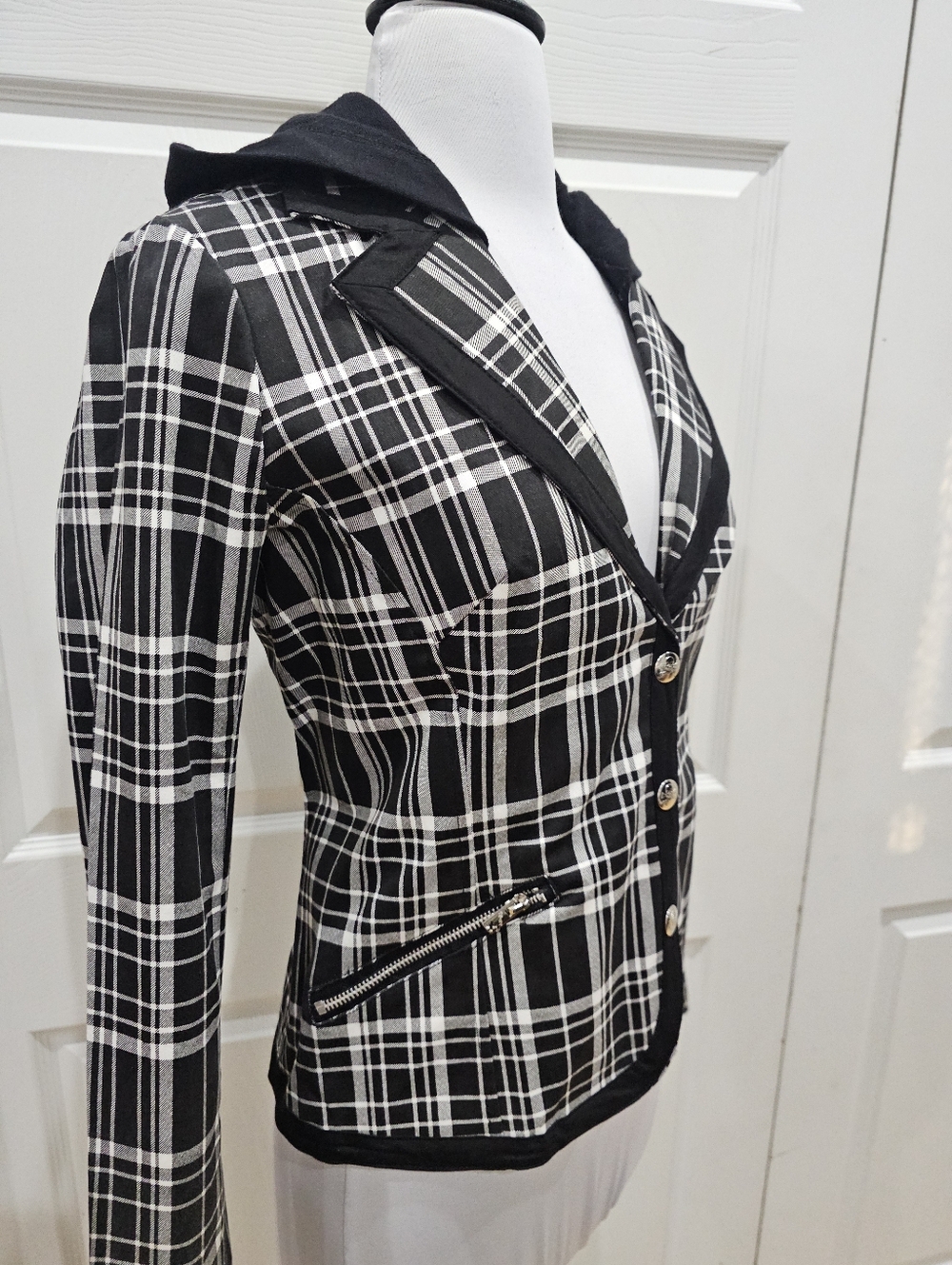 Rare Vintage Punk Goth Tripp NYC Black & White Plaid Snap Blazer Jacket Coat S - Picture 4 of 12